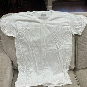 Three white v-neck Hanes undershirts size M